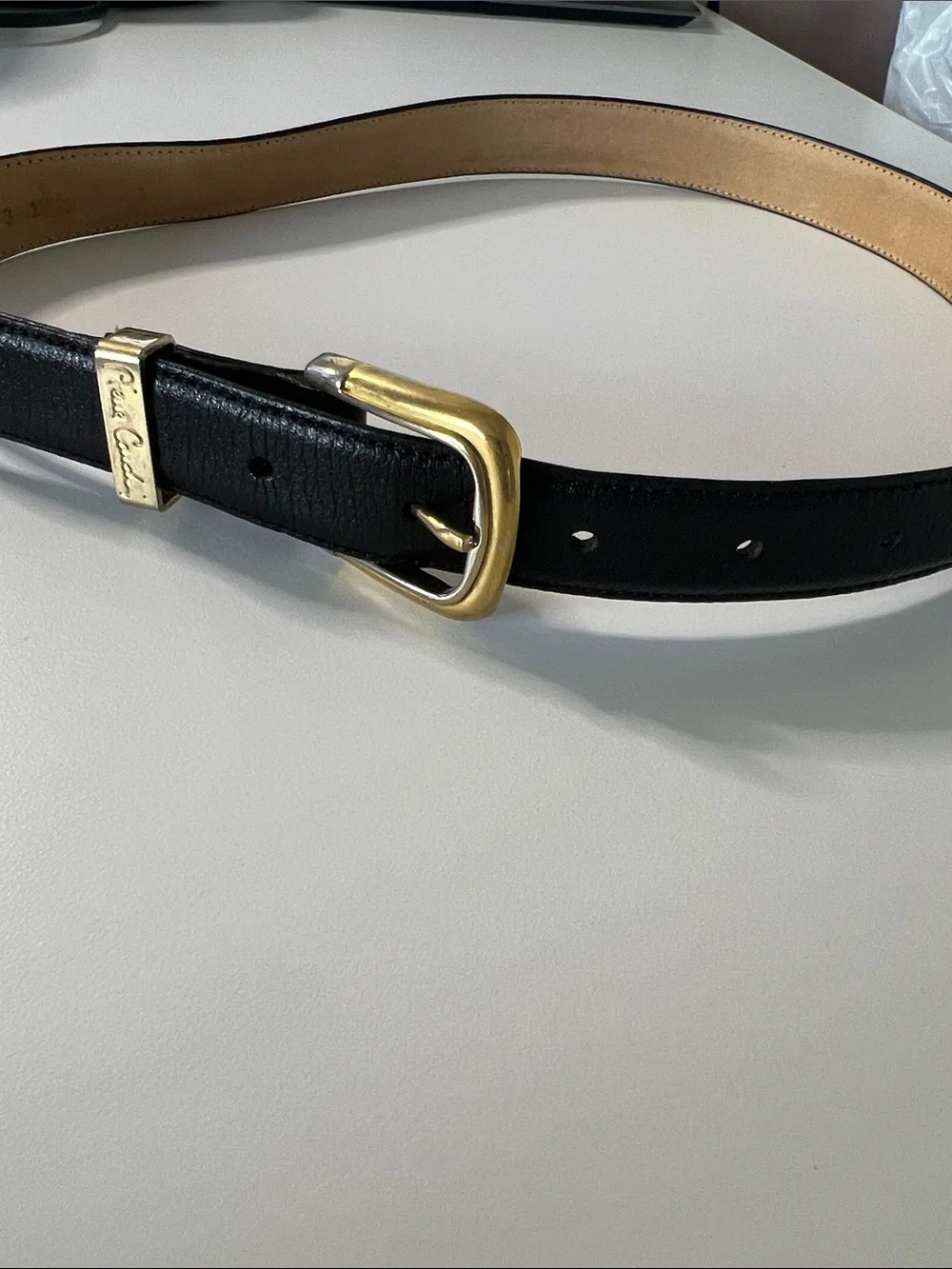 Vintage-Pierre Cardin Black Leather Belt with Gold Logo Accent
